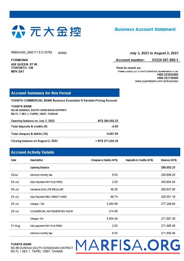 Realistic Yuanta Securities Bank organization account statement Word and PDF template